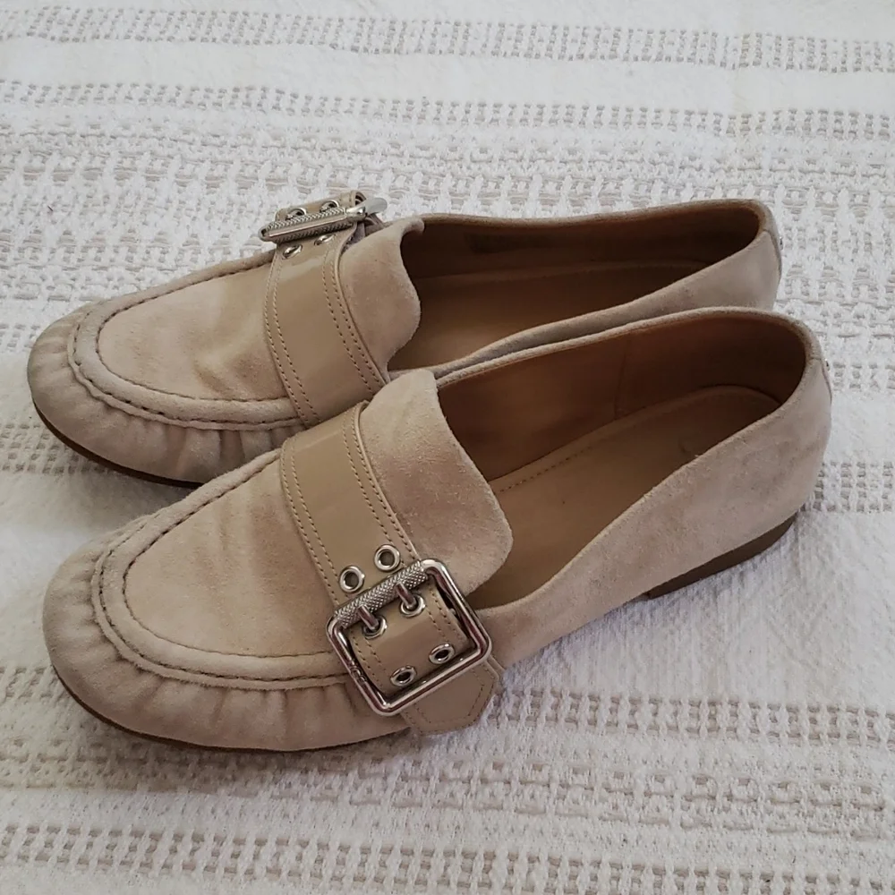 UGG suede beige loafer, slip on, silver buckle, flats,  women's size 7.